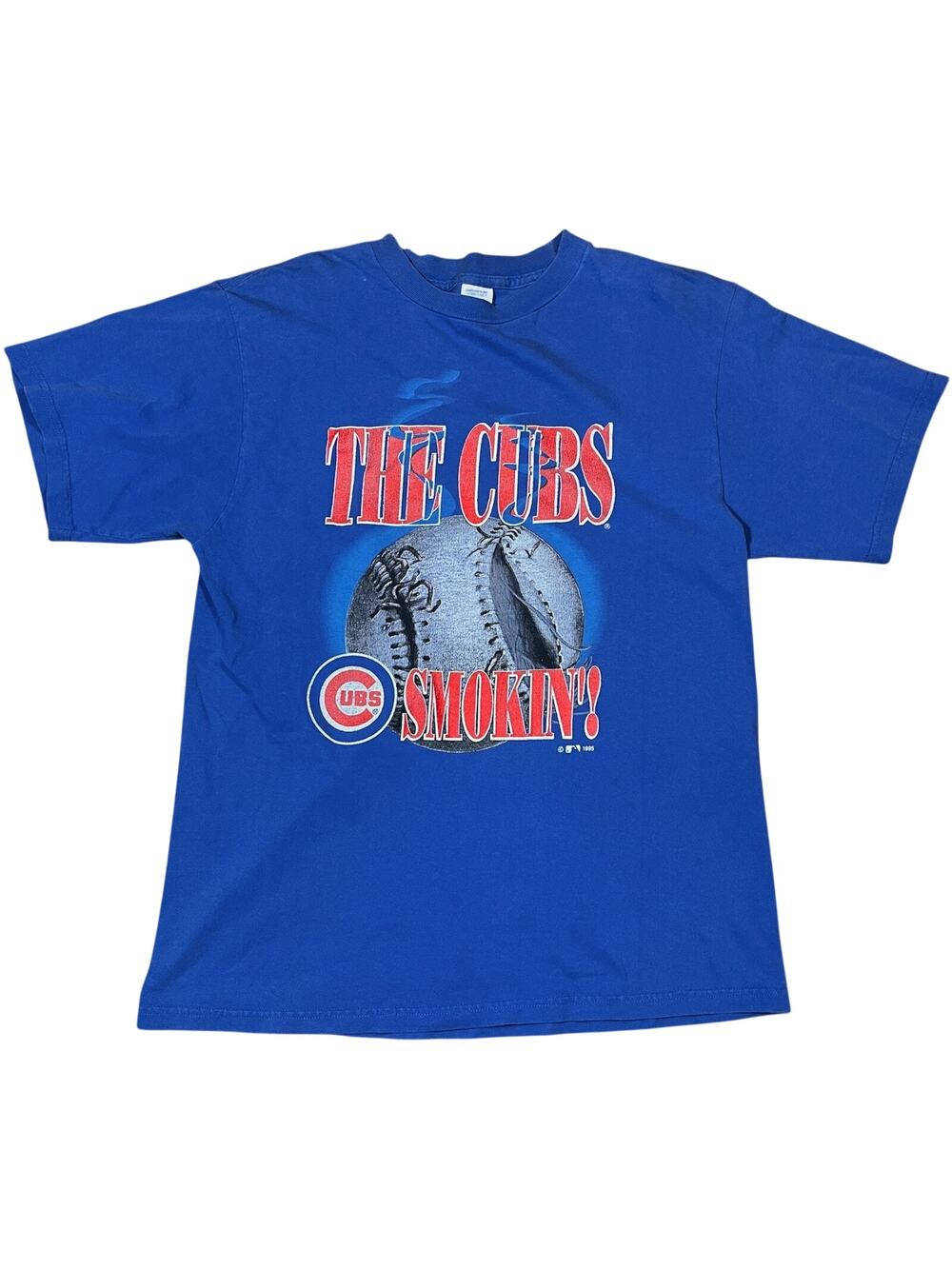 Vintage 90s Chicago Cubs Smokin’ MLB Baseball T-Shirt Size Large Blue Tee